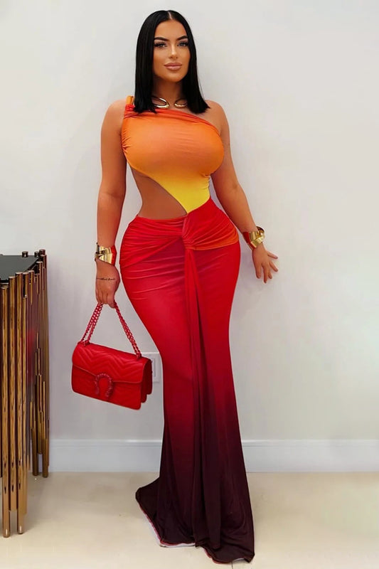 One Shoulder Open Back Ombre Print Sash Party Maxi Dresses-Red [Pre Order]