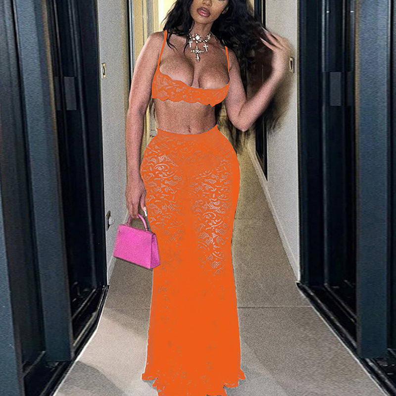 Sexy Cutout Sling Top Solid Color High Waist Skirt Lace Two Piece Suit