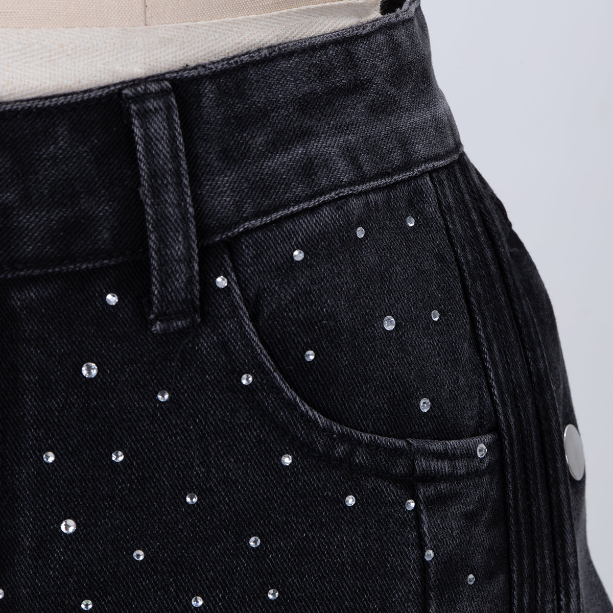 High-Waisted Rhinestone Embellished Side Button Jeans