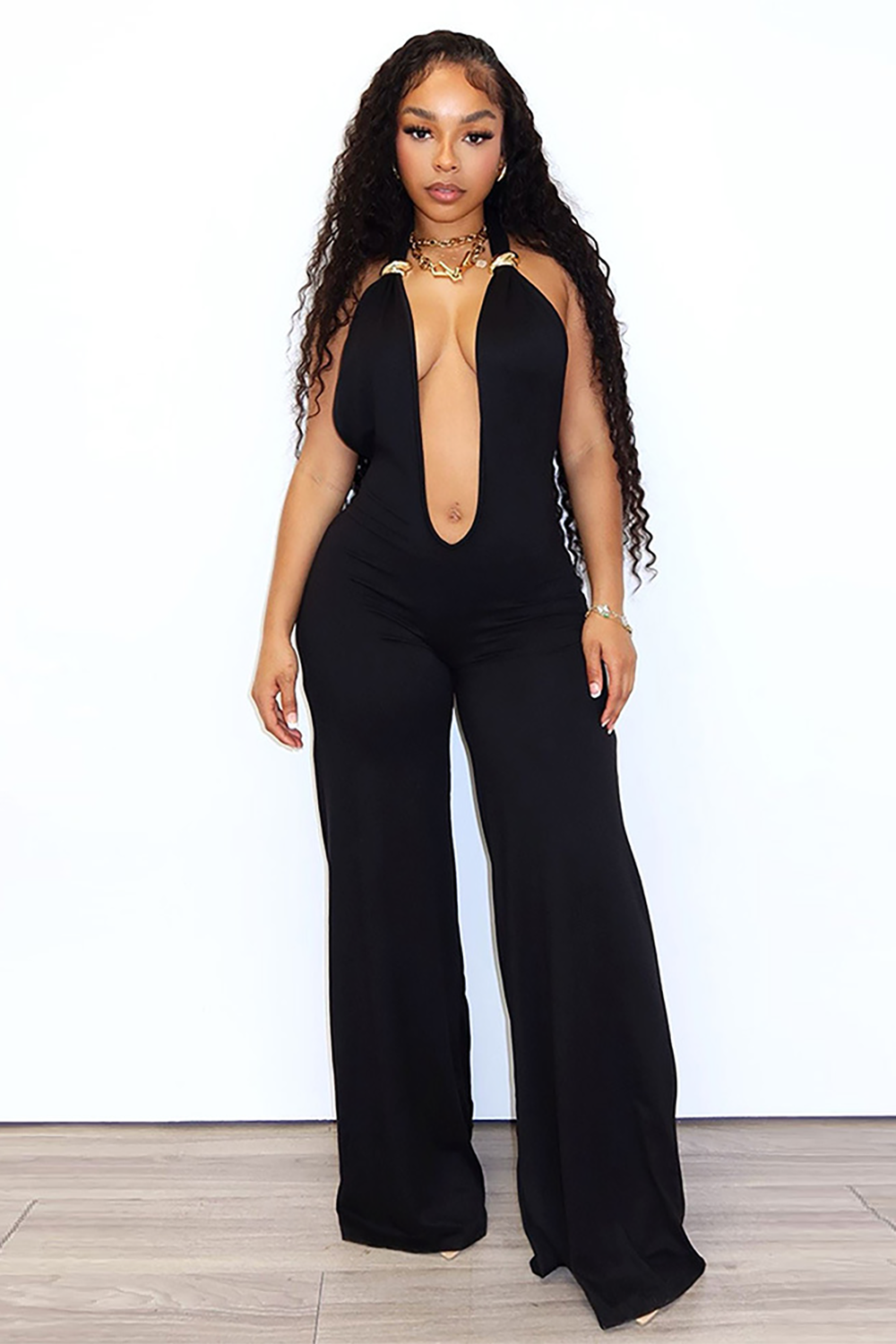 Halter Plunge Neck Wide Leg Solid Color Jumpsuit-Black