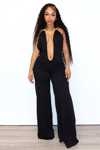 Halter Plunge Neck Wide Leg Solid Color Jumpsuit-Black