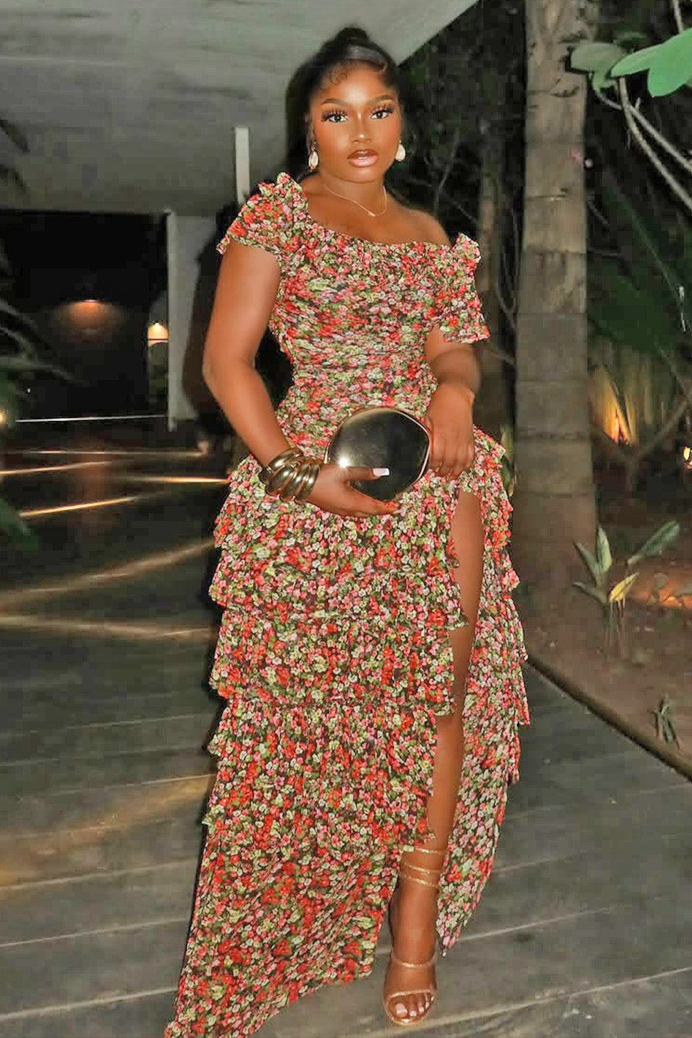 Gathered Floral Print Slit Tiered Party Maxi Dresses-Multicolor [Pre Order]