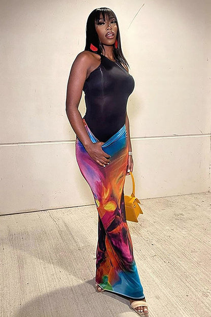 Colored Drawing Print Bodycon Casual Maxi Skirt-Blue