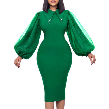 Women's Long Sleeve plus Size Sheath Beaded Mesh Stitching Commuter Pencil Skirt Dress