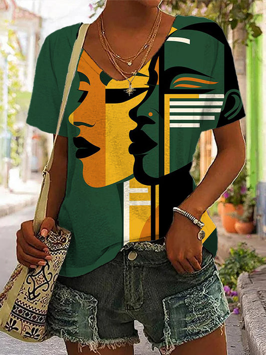 Women's African Female Portrait Color Block Art Print V Neck T-Shirt