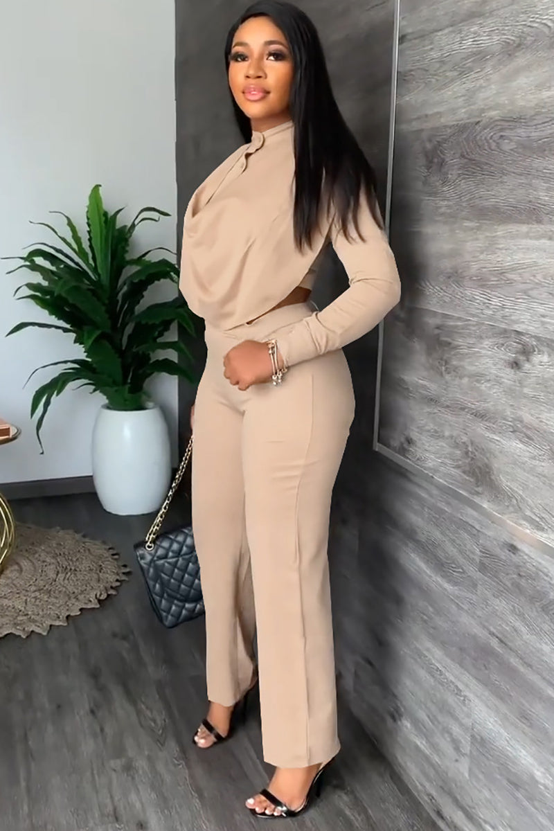 Button Turtleneck Long Sleeve Top Pants Set[Pre Order]