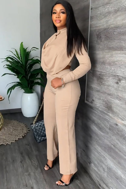 Button Turtleneck Long Sleeve Top Pants Set[Pre Order]