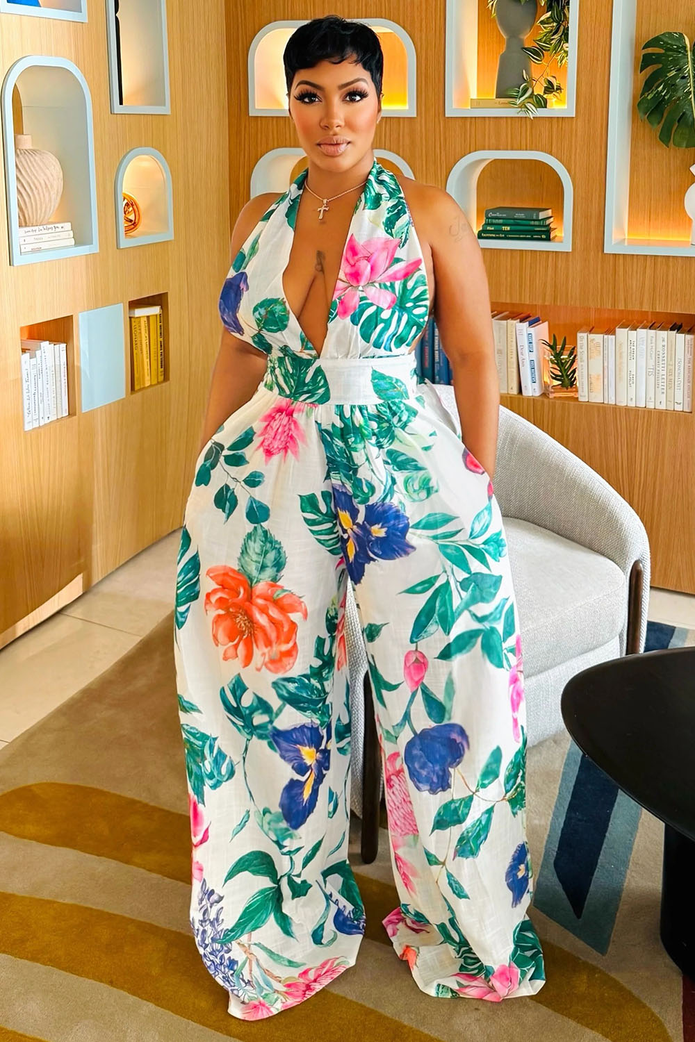 Deep V Halter Neck Floral Print Vacay Wide Leg Jumpsuit-White [Pre Order]