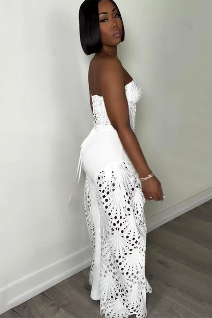 Corset Tube Top Cutwork Patchwork Pants Vacation 2pcs Set-White