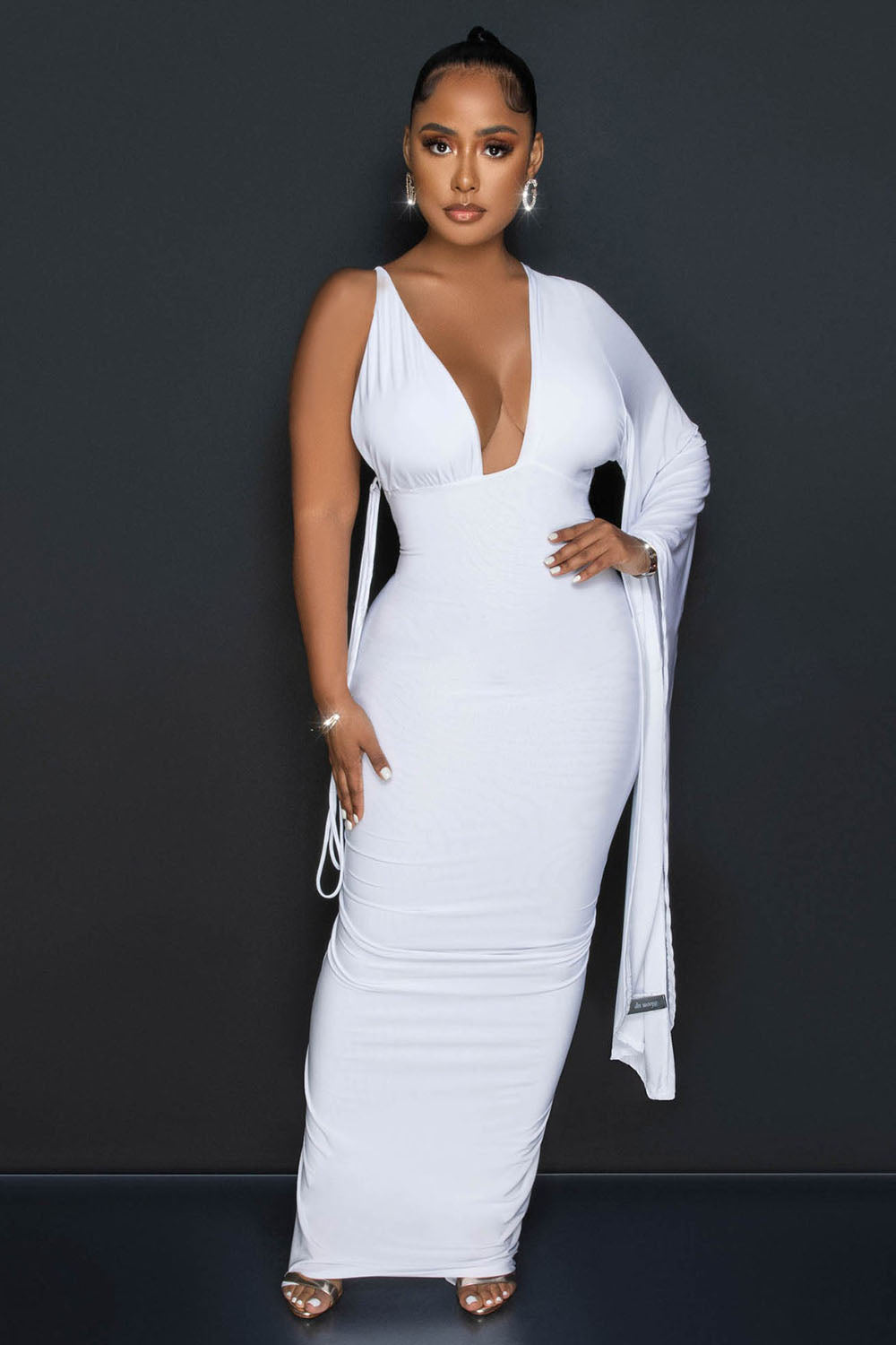 V Neck Asymmetric Backless Slim-Fit Party Maxi Dresses-White