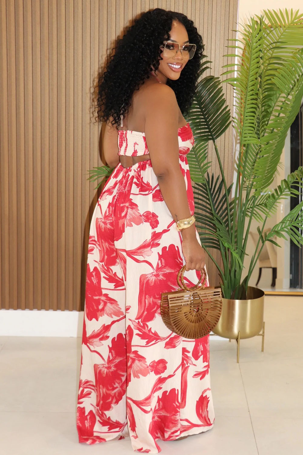Floral Print Halter Empire Waist Vacation Wide Leg Jumpsuit-Red [Pre Order]