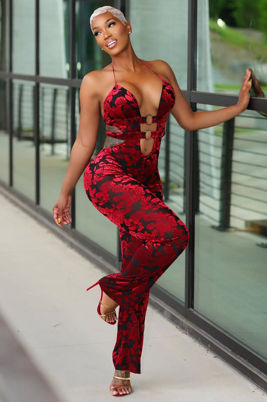 Floral Jacquard Halter Cutout Party Straight Leg Jumpsuit-Red [Pre Order]