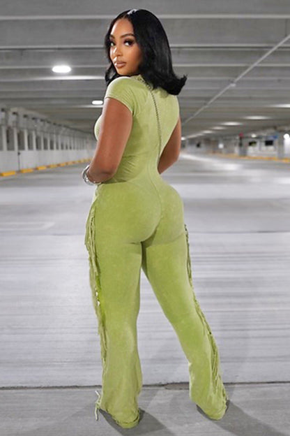 Short Sleeve Fringe Slim-Fit EDM Music Festival Jumpsuit-Green [Pre Order]