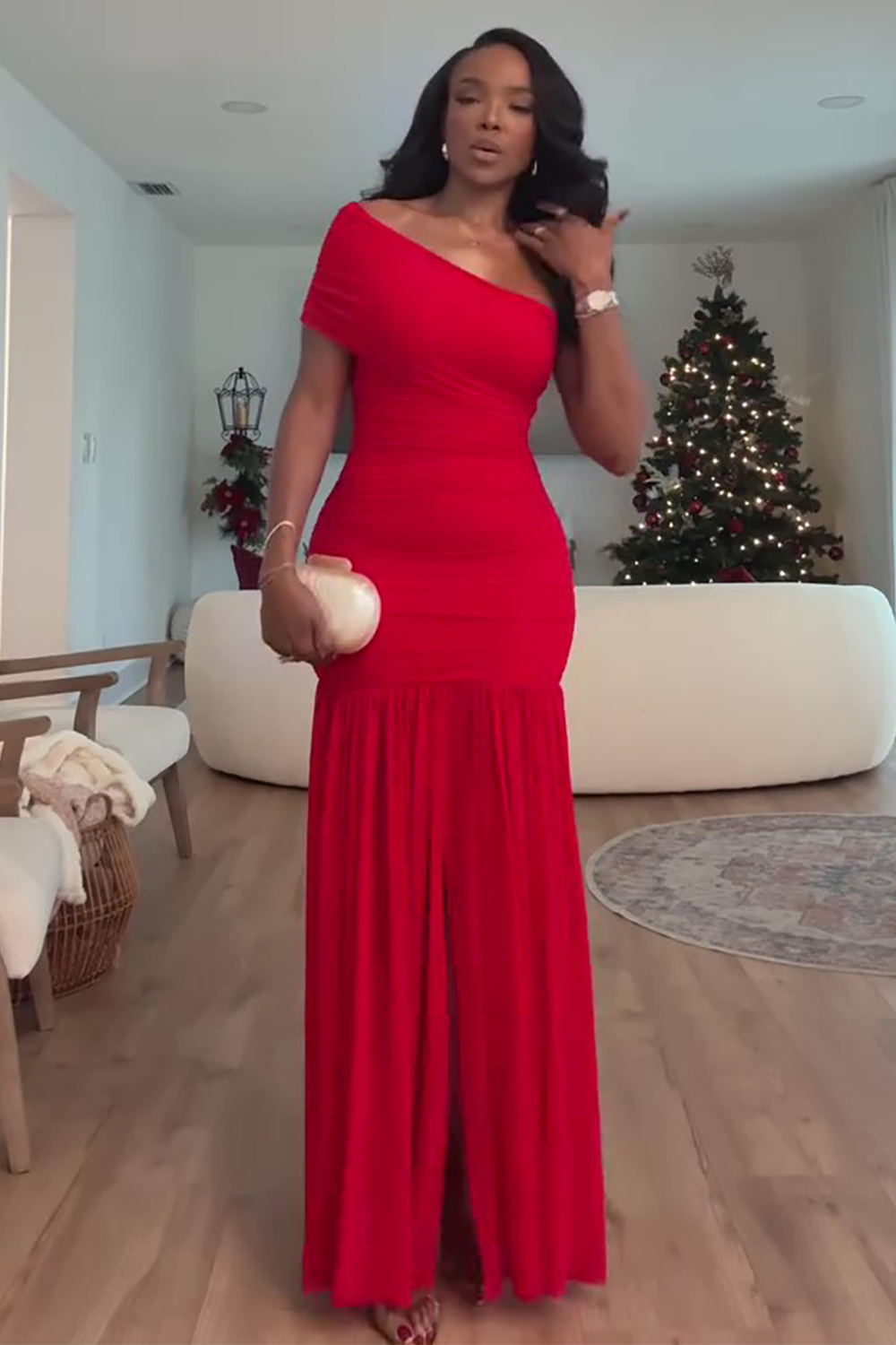 Short Sleeve Skew Neck Slit Hem Christmas Party Maxi Dresses-Red [Pre Order]