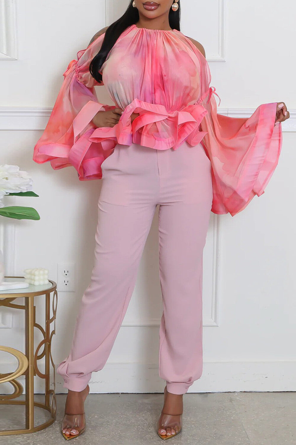 Cold Shoulder Round Neck Bell Sleeve Cinch Waist Ruffled Top-Pink