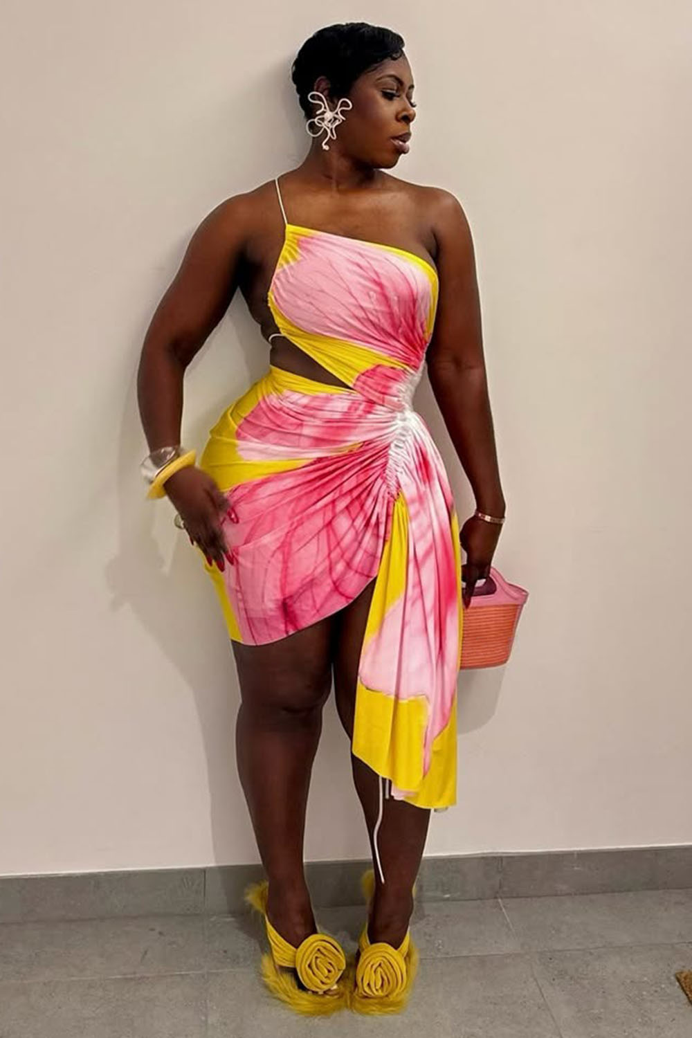 One Shoulder Cami Ruched Sash Print Party Mini Dresses-Pink [Pre Order]
