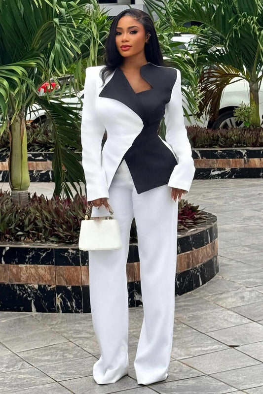 Irregular Neckline Colorblock Blazer Straight Leg Pants Set-White [Pre Order]