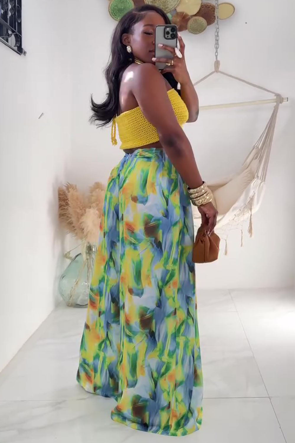 O-Ring Knit Top Print Wide Leg Pants Vacation 2pcs Set-Yellow [Pre Order]