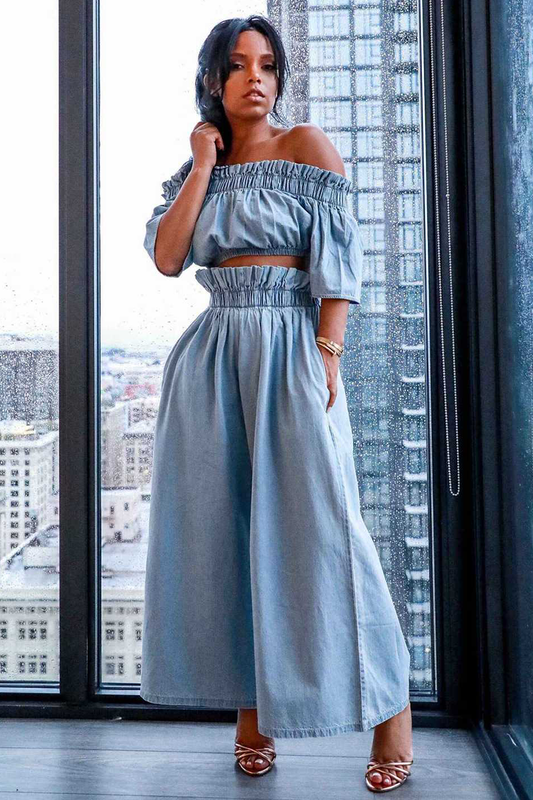Denim Off Shoulder Half Sleeve Crop Top Elastic Waist Wide Leg Pants Matching Set-Light Blue