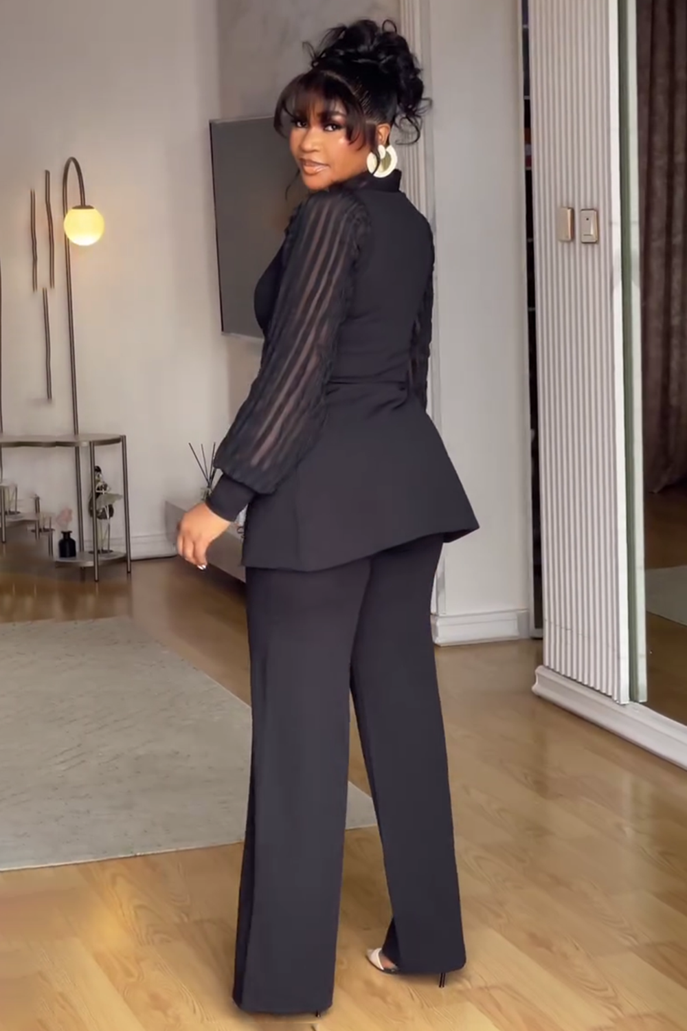 Guipure Lace Sleeve Button Up Top Dress Pants 2pcs Set-Black [Pre Order]