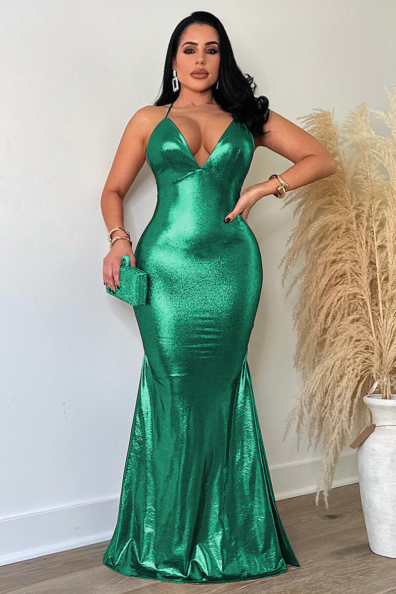 Deep V Neck Metallic Finish Fishtail Hem Backless Party Slip Maxi Dresses-Gold