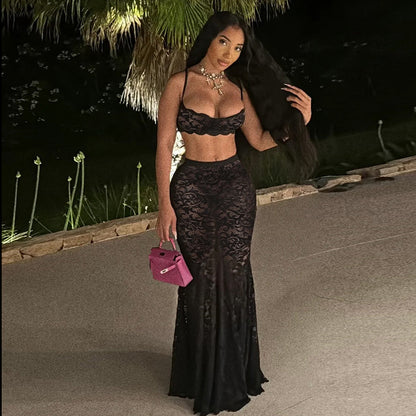 Sexy Cutout Sling Top Solid Color High Waist Skirt Lace Two Piece Suit