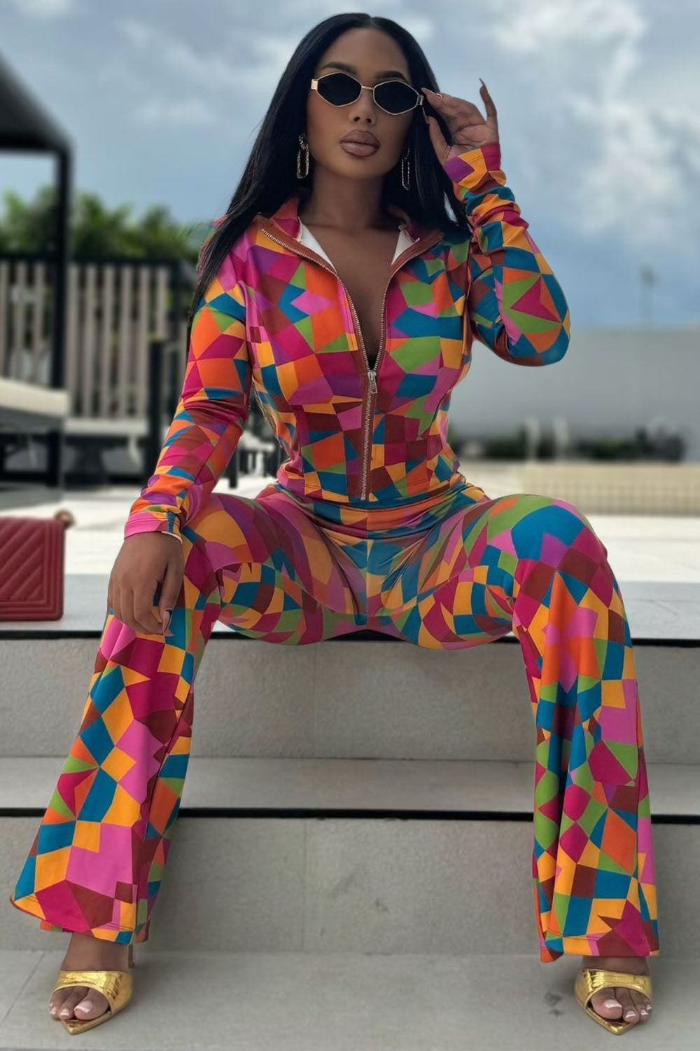 Colorblock Geometric Print Zip-Up Top Pants 2pcs Set-Multicolor [Pre Order]