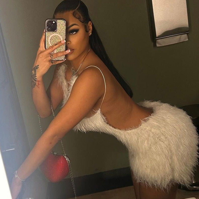 Sexy Hollow Backless Zipper Solid Color Furry Sling Sheath Dress