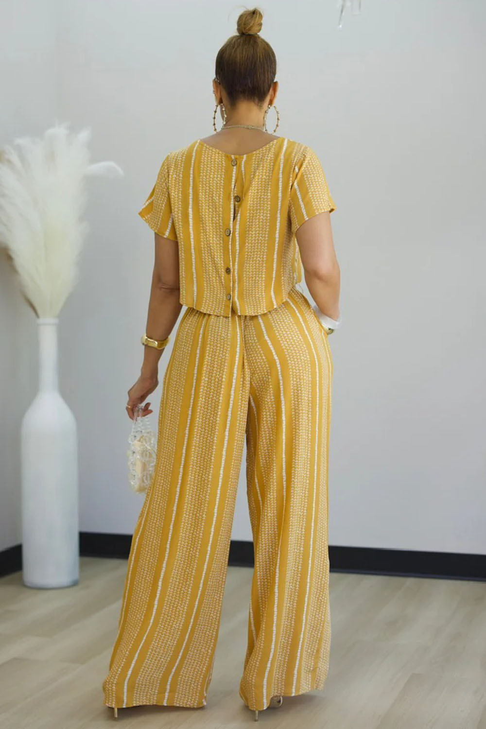 Stripe Print T-Shirt High-Rise Wide Leg Pants 2pcs Set-White [Pre Order]