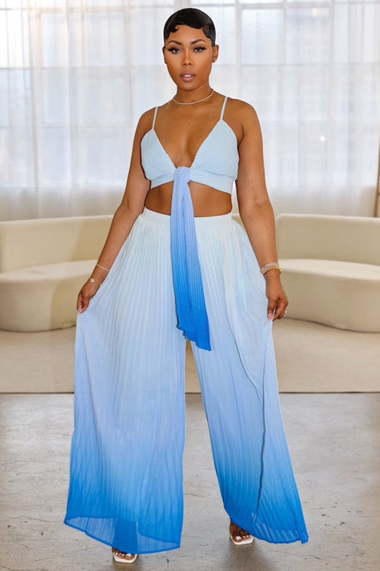V Neck Sash Cami Top Ombre Wide Leg Pants Vacay 2pcs Set-Blue [Pre Order]