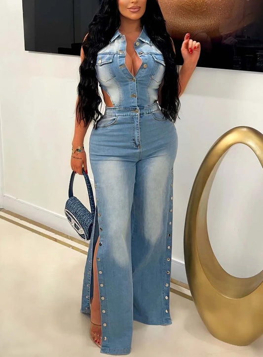 Sleeveless Cut Out Button Up Wide Leg Side Slit Party Denim Jumpsuit(⏰Free Shipping)