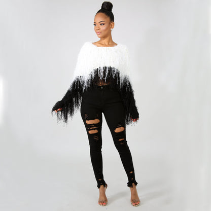 Women's sweater coat handmade tassel knitted pullover sweater