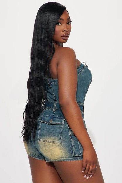 Boat Neck Strapless Belted Pockets Denim Casual Playsuit Romper-Blue