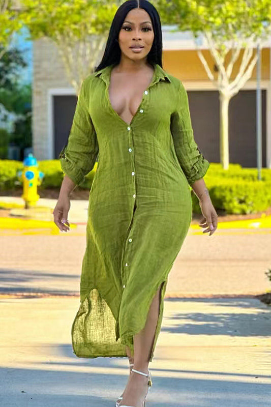 Solid Color Button Up Long Sleeve Slit Midi Shirt Dresses-Green
