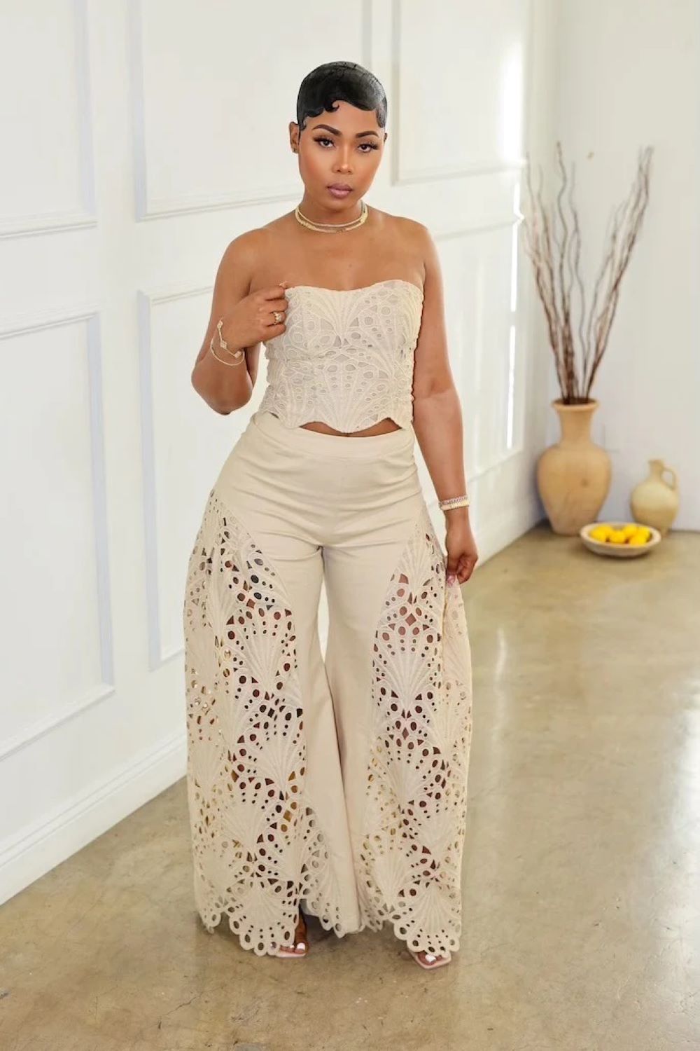 Corset Tube Top Cutwork Patchwork Pants Vacation 2pcs Set-White