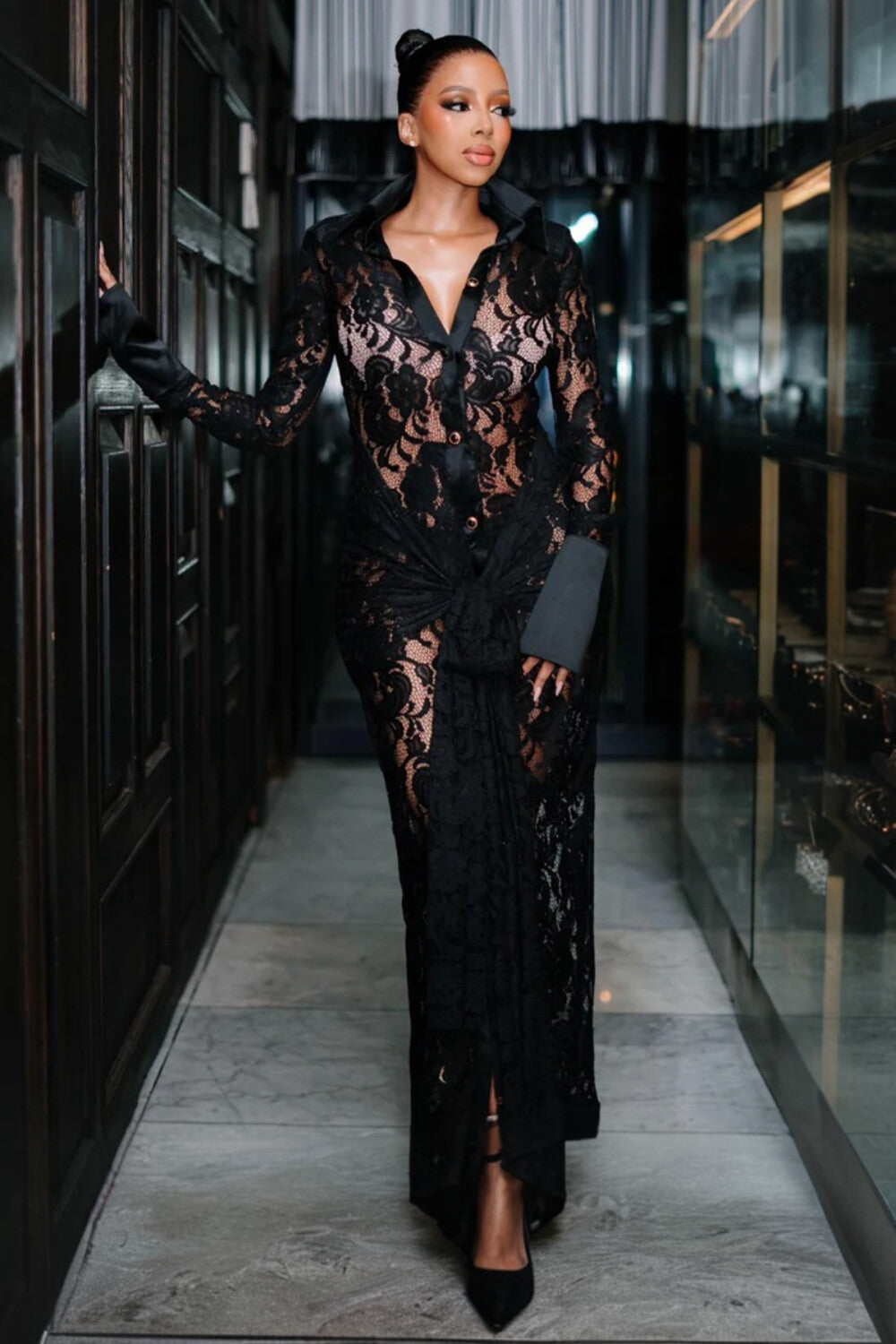 Jacquard Lace Long Sleeve See Through Button Up Maxi Dresses-Black [Pre Order]