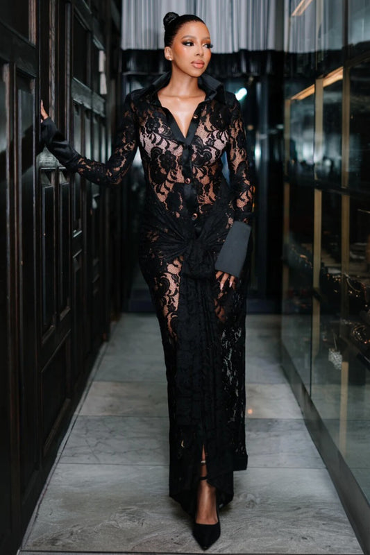 Jacquard Lace Long Sleeve See Through Button Up Maxi Dresses-Black [Pre Order]
