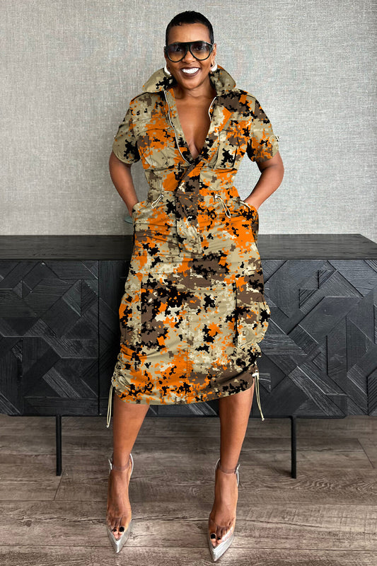 Camo Print Zip-Up Cargo Pocket Ruched Daily Midi Dresses-Khaki [Pre Order]