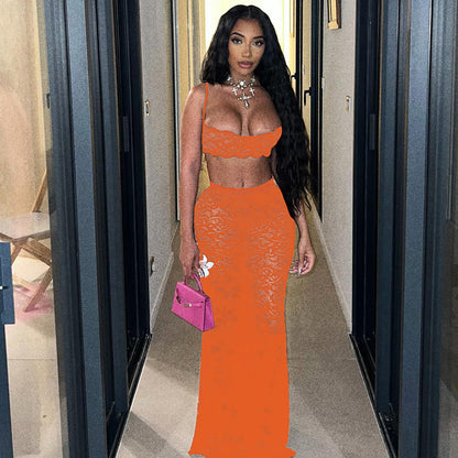 Sexy Cutout Sling Top Solid Color High Waist Skirt Lace Two Piece Suit