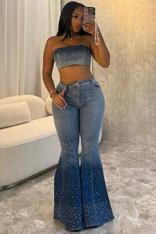 Rhinestone Tube Top High Waist Flare Pants Denim 2pcs Set-Blue [Pre Order]