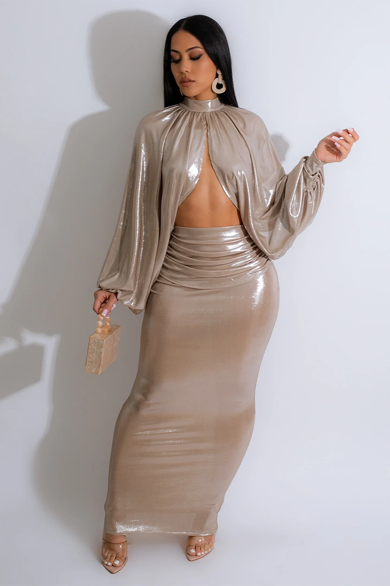 High Neck Long Lantern Sleeve Irregular Hem Top Ruched Maxi Skirt Bronzing Party Matching Set