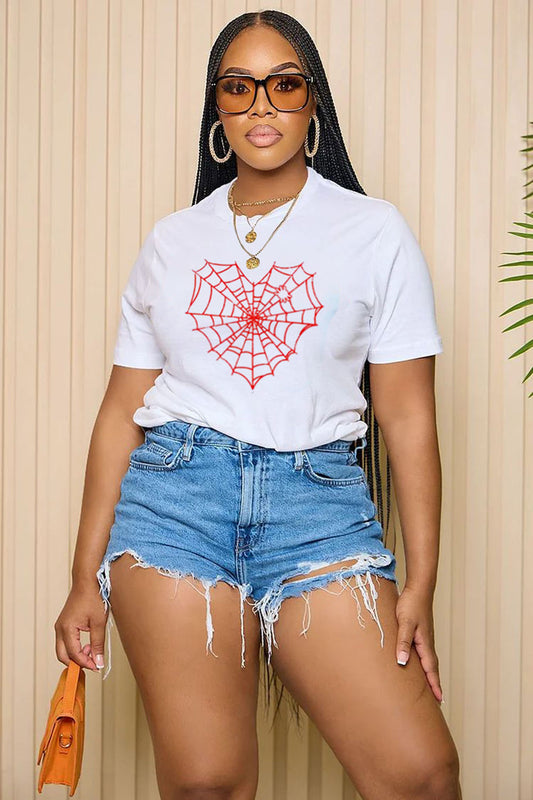 LORAGAL Spider Web Heart Print Short Sleeve Casual T-Shirt-White