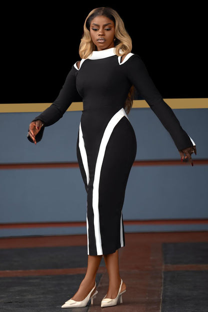 Cold Shoulder Colorblock Long Sleeve Bodycon Midi Dresses-Black [Pre Order]