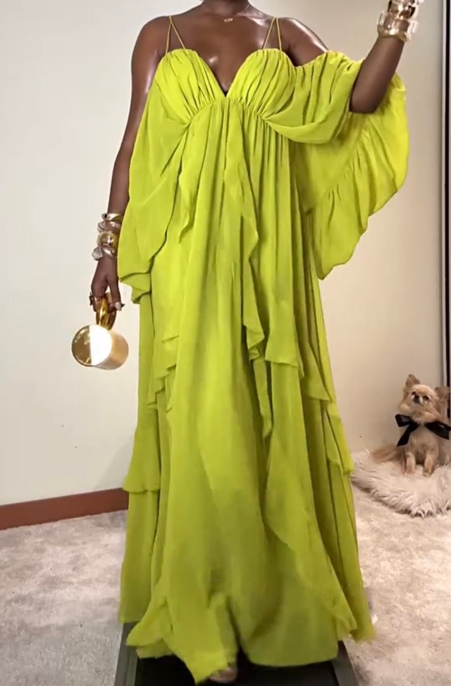 Spaghetti-Strap Ruffle V-neck Long Printed Dress