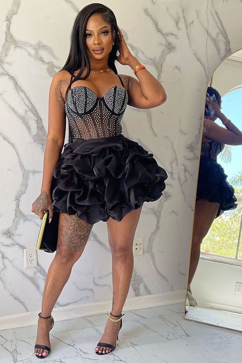 See-Through Bustier Layered Ruffle Party Slip Mini Dresses