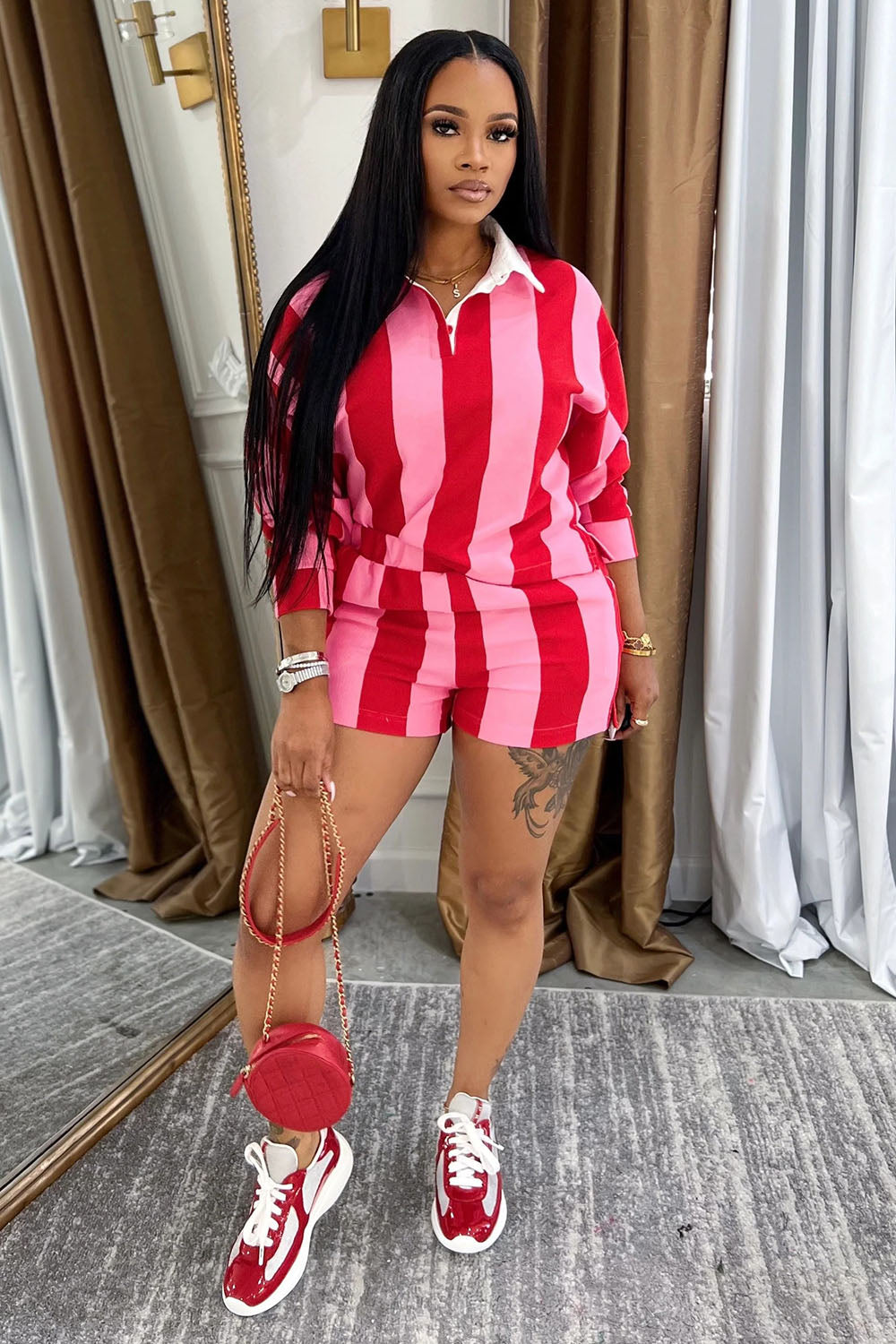 Colorblock Striped Long Sleeve Polo Shirt Shorts 2pcs Set-Red [Pre Order]