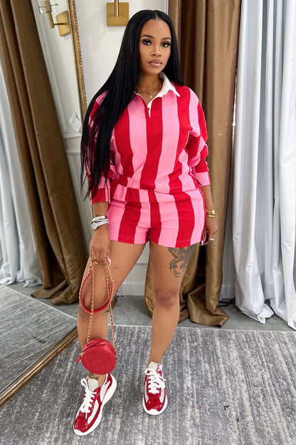 Colorblock Striped Long Sleeve Polo Shirt Shorts 2pcs Set-Red [Pre Order]