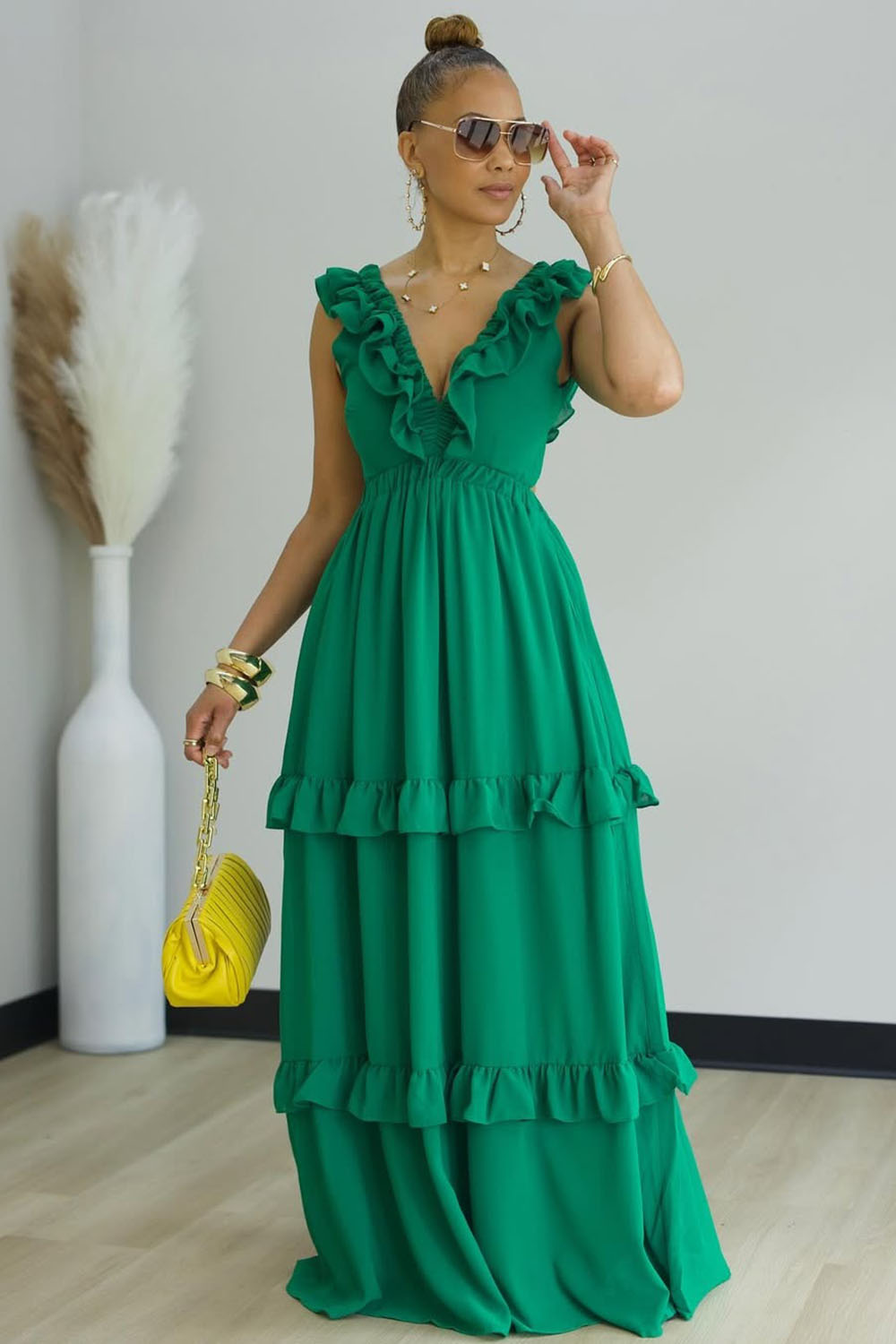 Open Back V Neck Ruffle Tiered Hem Party Maxi Dresses-Green [Pre Order]