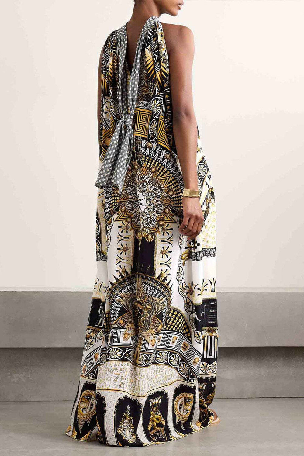 Tribal Print High Neck Halter Sleeveless Vacation Maxi Dresses-White