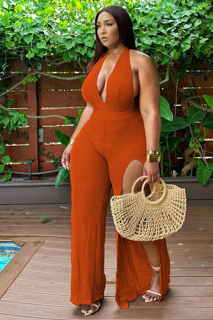 Solid Color Textured Knit Deep V Neck Halter Slit Jumpsuit-Beige